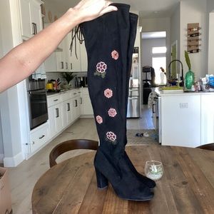 Tall Black Faux Suede Over The Knee Boots Size 11 Embroidered